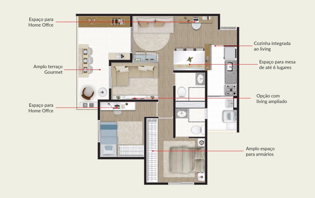 3 Dorms (1Suíte) - 70m² ( Opção com living ampliado) com depósido