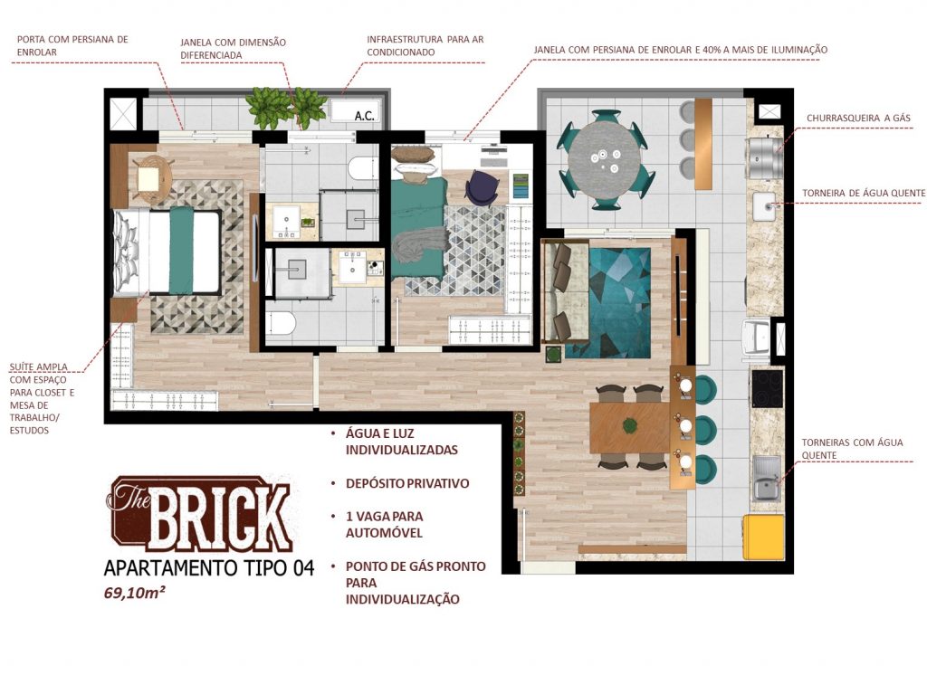 Planta Ilustrativa - Apto 69,10m² - 2 dorms, cozinha integrada e terraço com churrasqueira