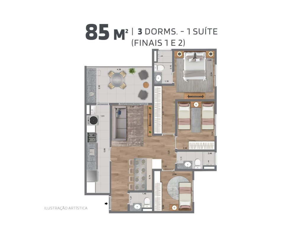 85m² - 3 dorms
